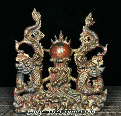 9.4'' Old China Bronze Gilt Feng Shui Double Dragon Loong Spiel Bead Statue - Picture 1 of 9