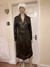 Nwot Stradivarius Womens Size Small Brown Faux Leather Midi Coat Pockets V Neck