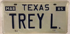 Vanity TREY L license plate Traye Tre Trai Atreus Treynor Treyton Third Son TX