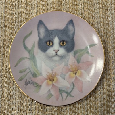 Pink Lilies Decorative Art Plate by Bob Harrison. Petals and purrs, cat plate