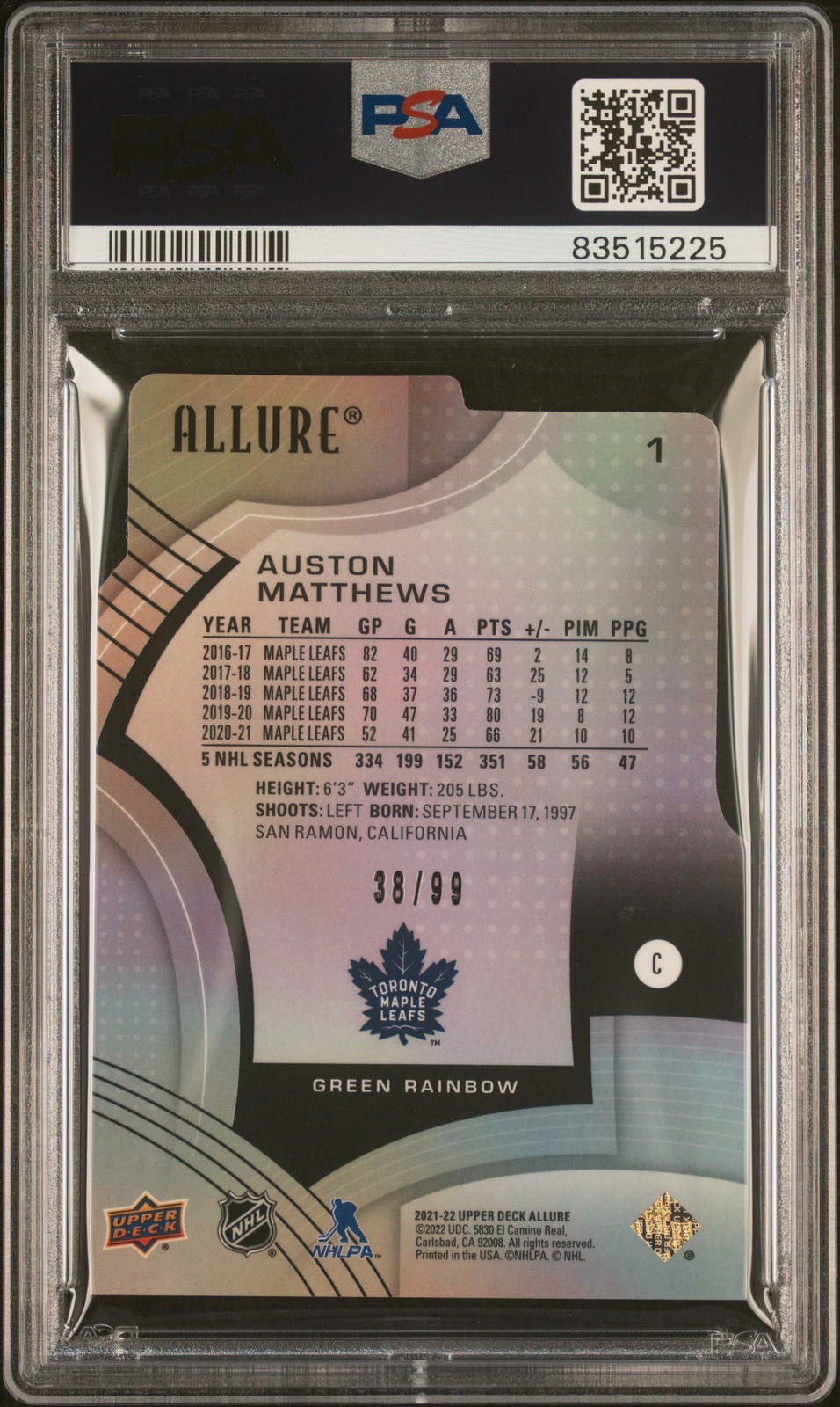 2021 UPPER DECK ALLURE GREEN RAINBOW DIE-CUT #1 AUSTON MATTHEWS 38/99 PSA 6 view 2