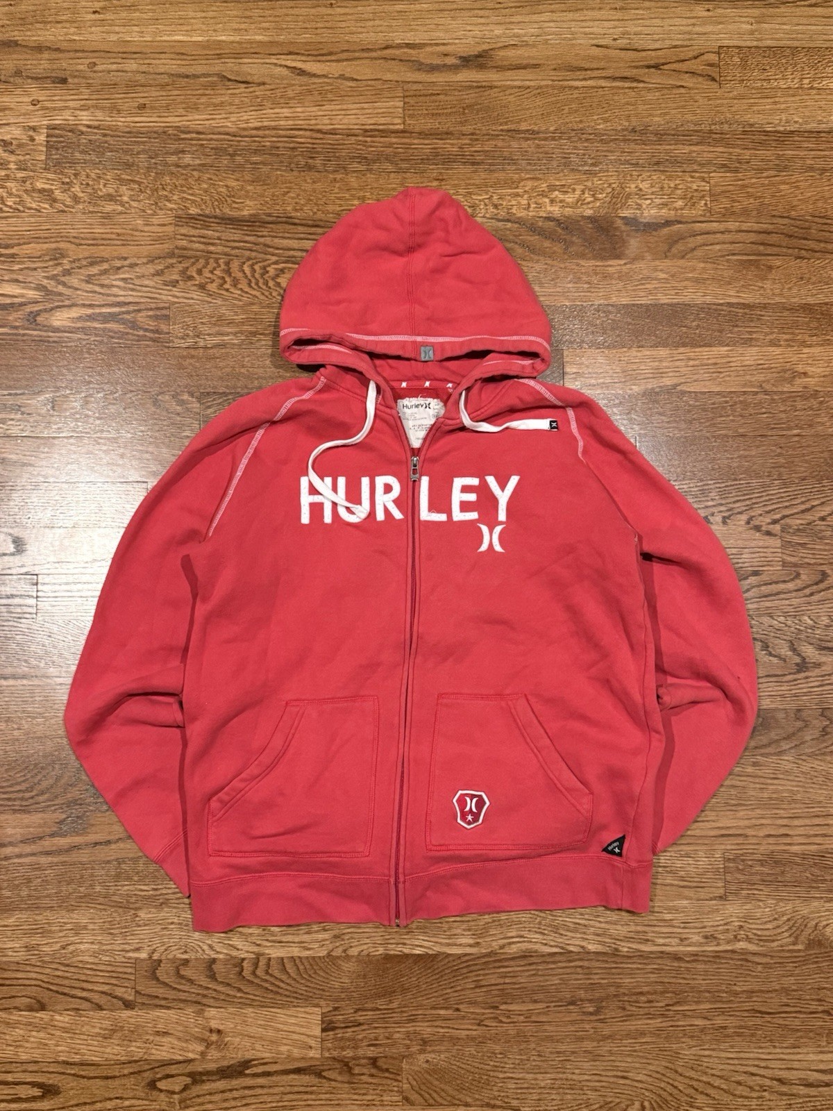 Y2K Hurley Spellout Zip Hoodie Red Surf Skate Sweatshirt Size XL