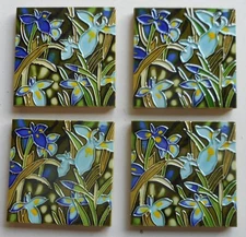 Flower set of 4  hand painted ceramic art tile coaster 4 x 4 inches with backs