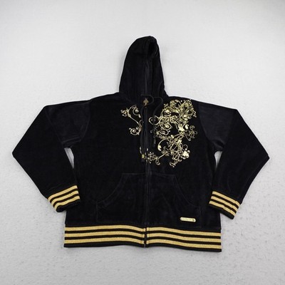 Vintage Old Skool Hoodie Womens 2XL Black Gold Velour Rhinestone Sweatshirt Y2K