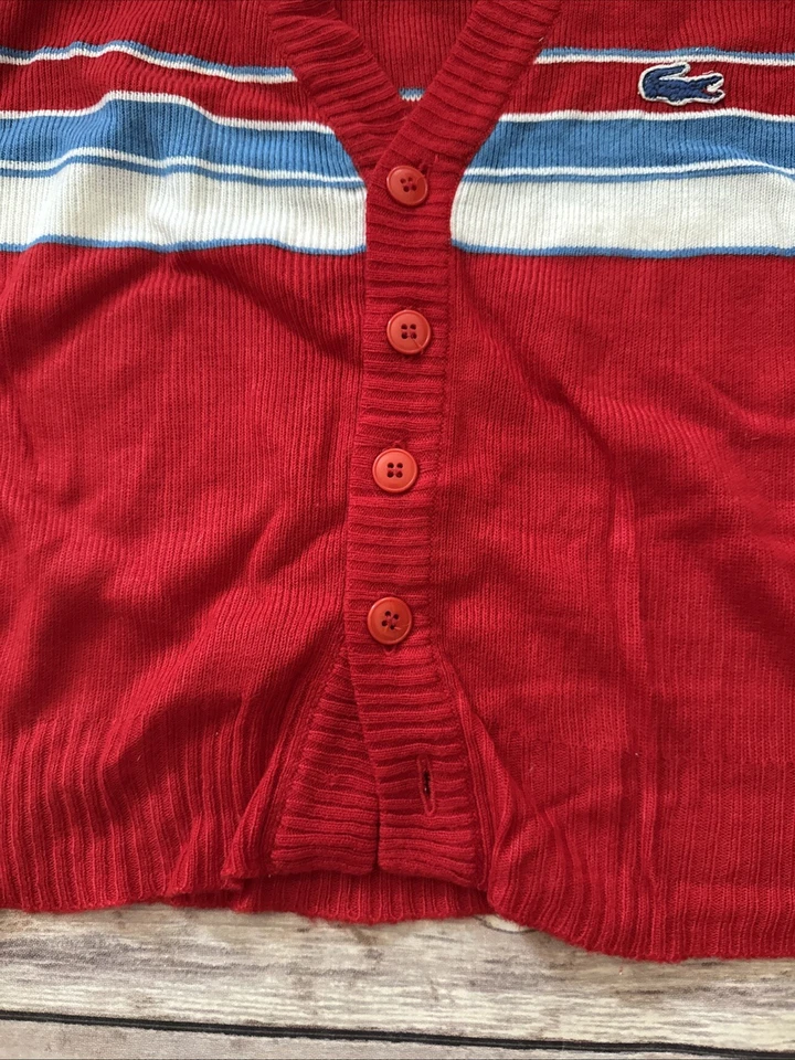 DE COLECCIÓN Suéter Lacoste Niños 5 Rojo Izod Años 70 80 Cárdigan Cocodrilo EE. UU. Rayas Foto 2 de 4