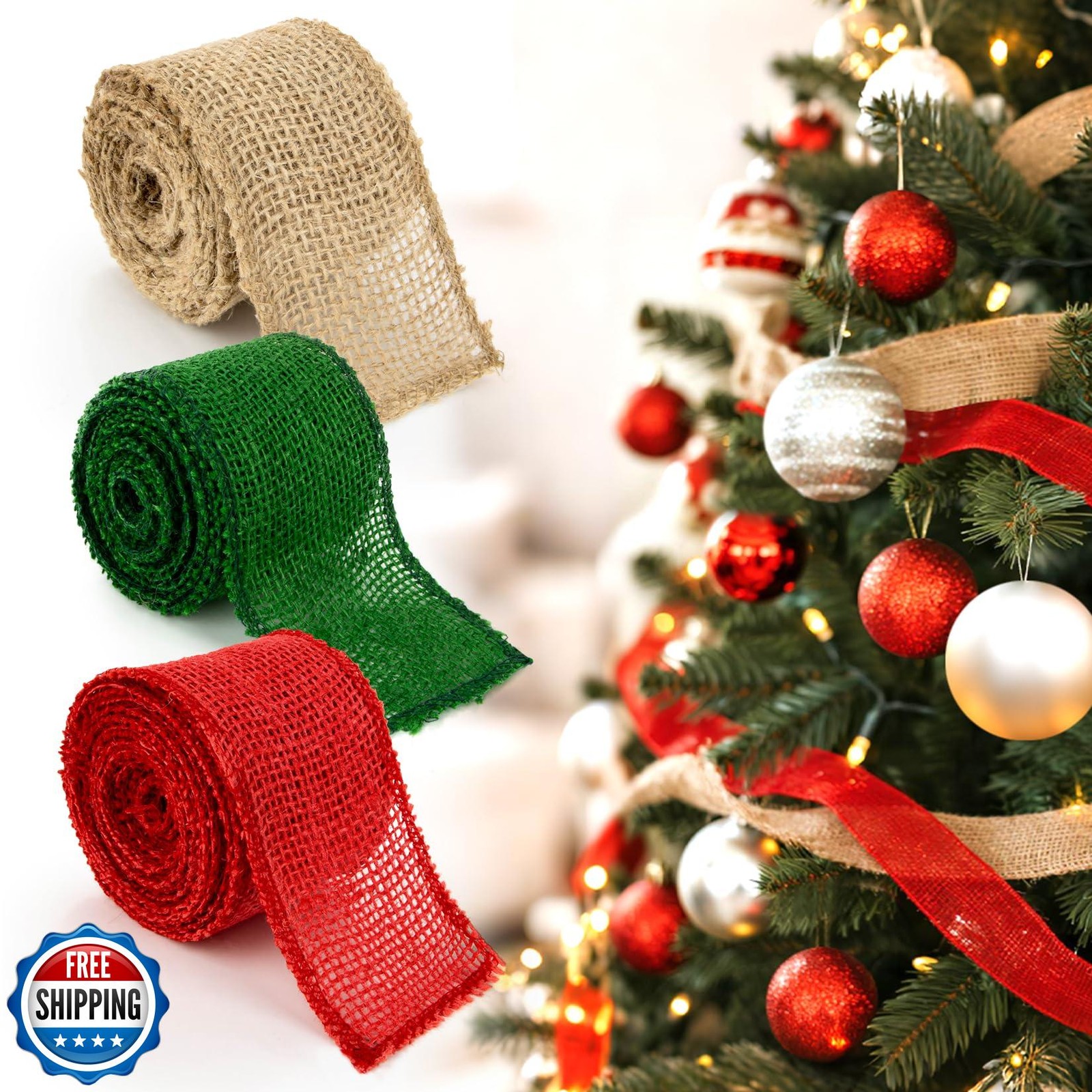 RAINFLOW Christmas Burlap Ribbon for Gift Wrapping - 3 Rolls Natu