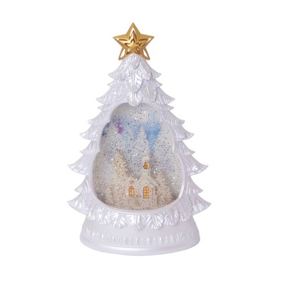 Gerson Lighted Water Globe Decor with Timer, 12'' Christmas Tree-Shaped Snowglobe