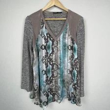 Poeme By Citron Mixed Media Animal Print Knit Back Top Lagenlook Artsy Boho L