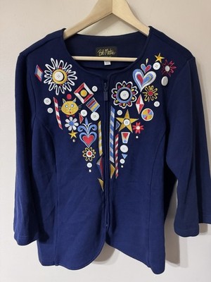 Bob Mackie Art Cat Heart Sweater Cadigan Navy Full Zip 1X Grandma Critter Core