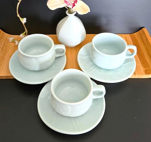 3 Sets Korean Celadon VTG Sagunja Cups w/ Saucers, FOUR GRACIOUS PLANTS Motif
