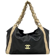Bolso de Mano Chanel Cadena, Negro, Beige, Dorado, Marca Coco, Cuero, Piel de Cordero, Usado,