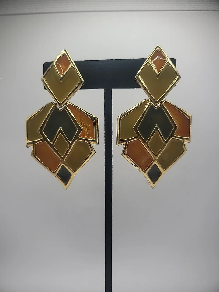 Pendientes Popoli Vintage Clip En Puerta Llamas Tono Dorado Gota Cuelga Esmalte Verde Foto 3 de 4