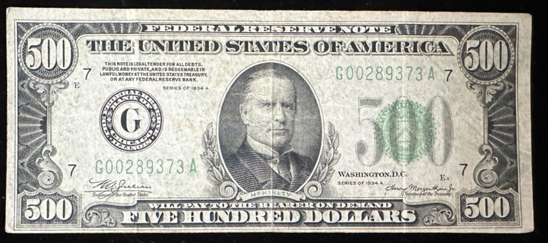 1934G $500 Bill Federal Reserve Note FRN Chicago #G00289373A