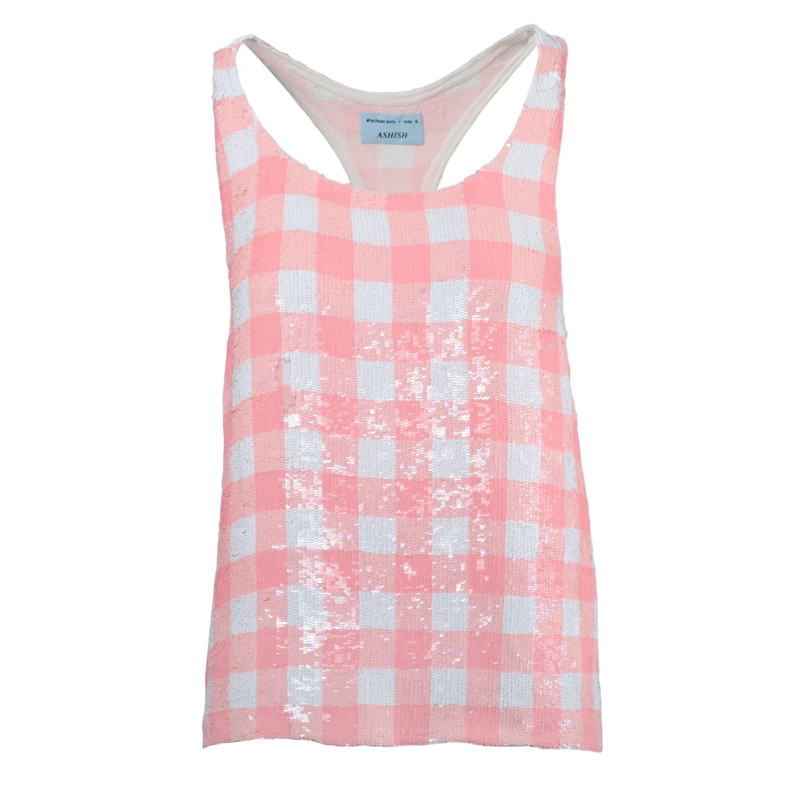 Ashish Pink White Check Sequin Tank Top Women's London Fashion Week Designer