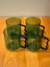 Room Essentials Glass Mugs with Wavy Handles Green with Blue Handles - Set of 4
