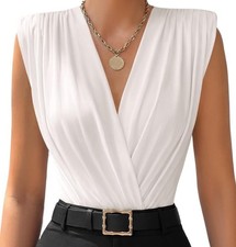 Women s White Bodysuit L Ruched Sleeveless V-Neck Stretch Fitted Leotard Opaque