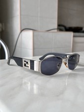 FENDI Oval Silver Black Sunglasses Vintage 90s Double Logo FF condition Used