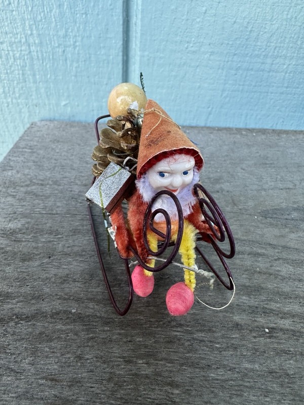 Vintage 1950s Pinecone Elf Pixie on Metal Sled Christmas Ornament Japan RARE