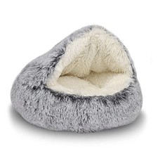 Cat Bed Round Plush Fluffy Hooded Cat Bed Cave, 20.0"L x 20.0"W x 6.0"Th grey