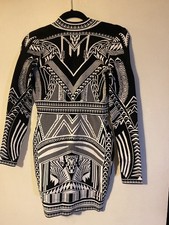 Black White Knit Sweater Dress med Long Sleeve Geometric Boho Bodycon