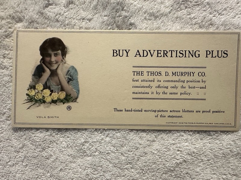 Viola Smith - Silent Film Movie Star - This. D. Murphy Adv. Ink Blotter 1916