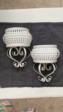 Set (2)White Metal Wall Pocket Hanging Planter Basket VTG Cottagecore Home Decor