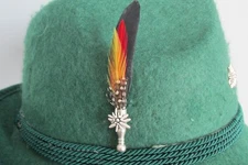 Oktoberfest/German Feather Hat Pin with Edelweiss Holder (Black, Red and Yellow)