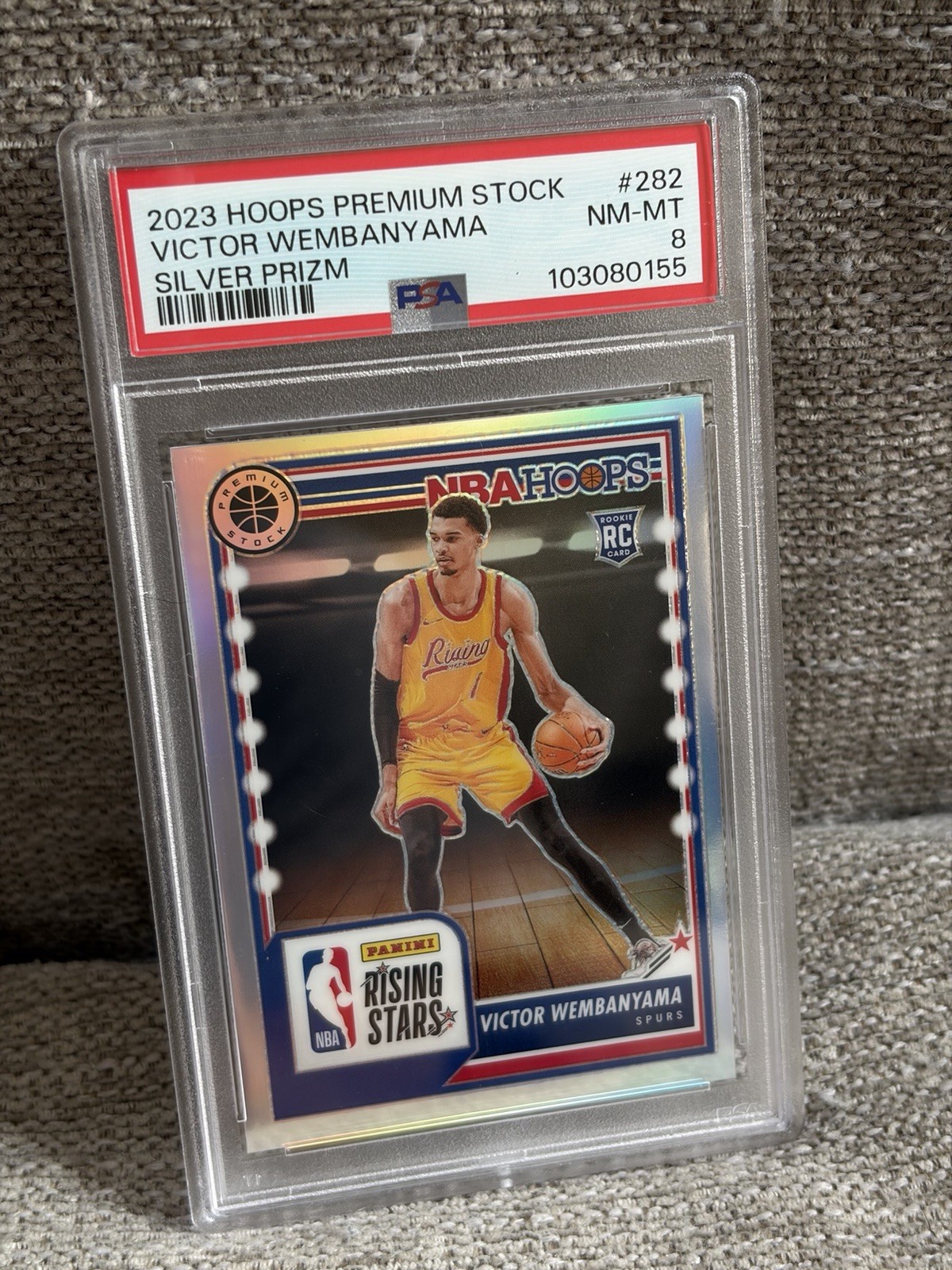 Victor Wembanyama 2023-24 Hoops Premium Silver Prizm Rookie Card #282 PSA Spurs view 2