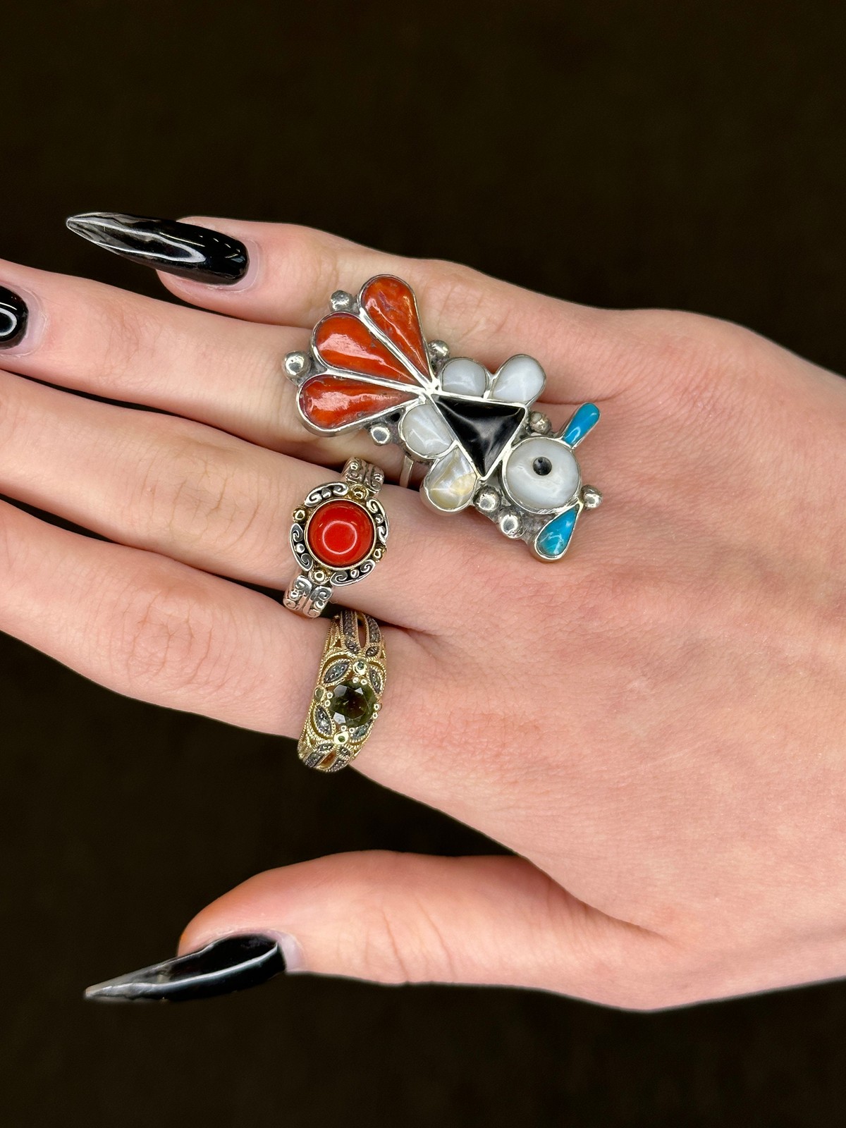 Sterling Silver Thunderbird Ring with Multi-Stone… - image 3