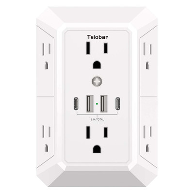 Multi Plug Wall Outlet Surge Protector -  Outlet Extender with 6 Outlets and 4 U