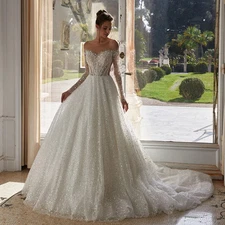 Long Sleeve Buttons Beads Pearls Sequins Flowers A-Line Bridal Wedding Dress