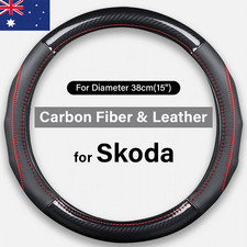 For Skoda Sport Carbon Fiber Black Red Steering Wheel Cover Perforated Non-Slip