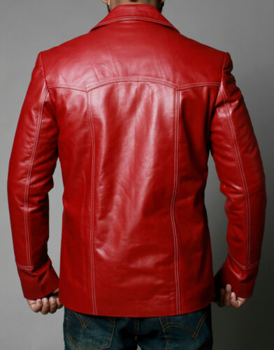 Fight Club Red Leather Jackets Brad Pitt Tyler Durden Real Sheepskin FC Coats - Picture 3 of 4