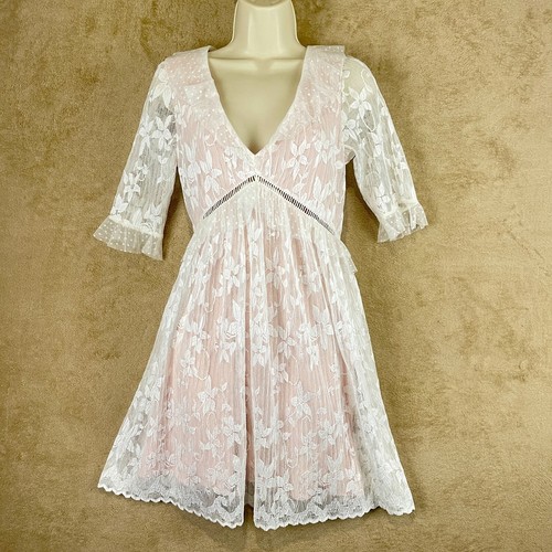 Topshop Lace Applique Minidress Womens 6 White Sheer Overlay Ruffle Boho Cottage