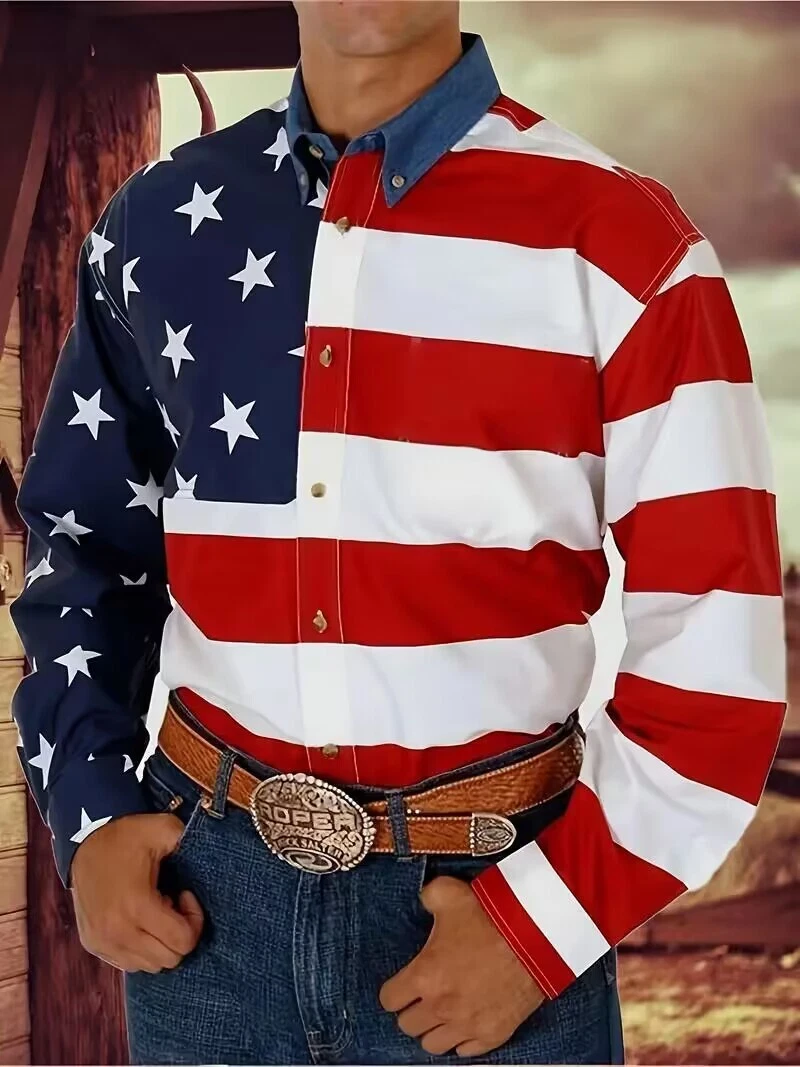 Fashion Button Up Shirt American Flag Print pattern Long Sleeve Casual Shirt  | eBay