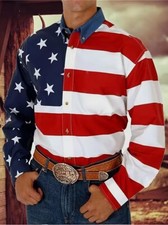 Fashion Button Up Shirt American Flag Print pattern Long Sleeve Casual Shirt