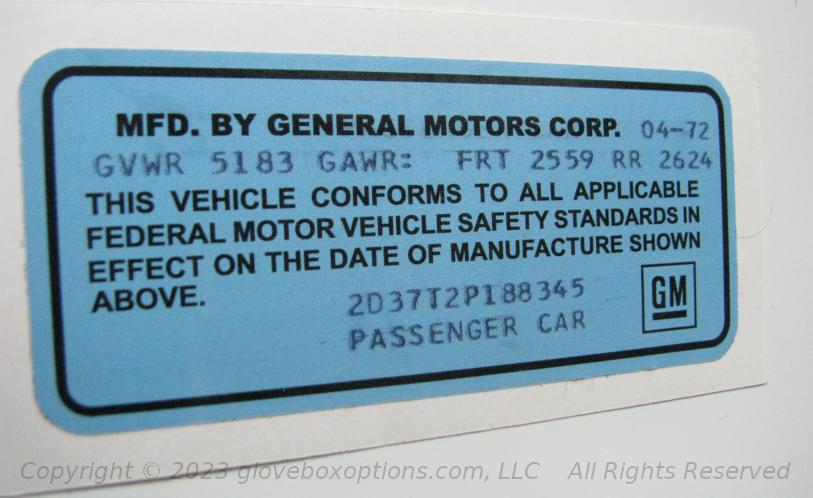 1970-1975 GM Blue Door Jam VIN Decal CUSTOMIZED with YOUR Cars VIN