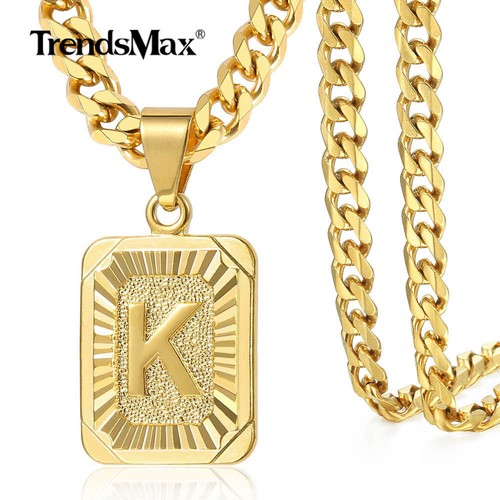 Initial Letter PENDANT Necklace 18/22" Yellow Gold Plated Curb Chain for Men Boy - Picture 23 of 38