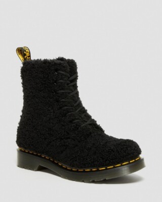 DR MARTENS 1460 PASCAL BOOTS IN BLACK LUX BORG FAUX SHEARLING US WOMEN SIZE 9