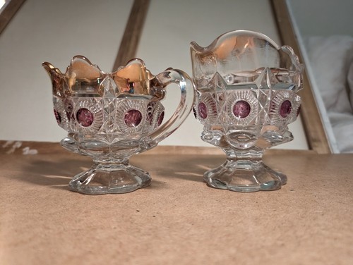 EAPG U.S. Glass Newport Bulls Eye & Daisy Gilded Ruby Stain Cream Sugar Set - Picture 4 of 6