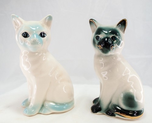 Vintage 2 Porcelain White & Blue-White & Black Cat Figurines Hand Painted-6"
