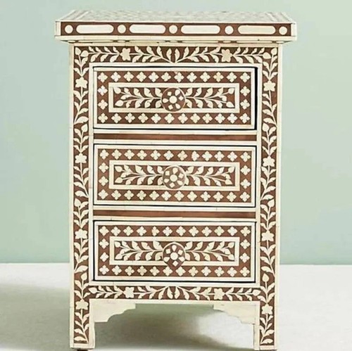 Bone Inlay Amira Classic Bedside Table Brown Floral Pattern 60x45x30cm