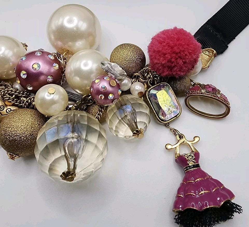 Vintage Betsey Johnson Varsity Crush Pink Gold Tone Charm Neck Mess Barbiecore - Image 4 of 4