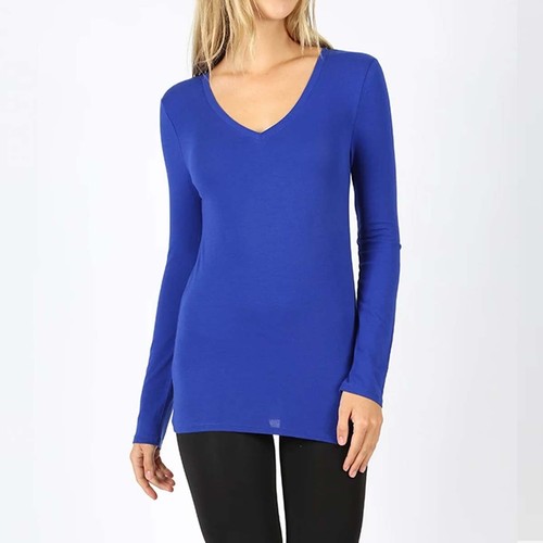 (Zenana Outfitters) VNeck Long Sleeve T Shirt Basic Plain Solid Cotton