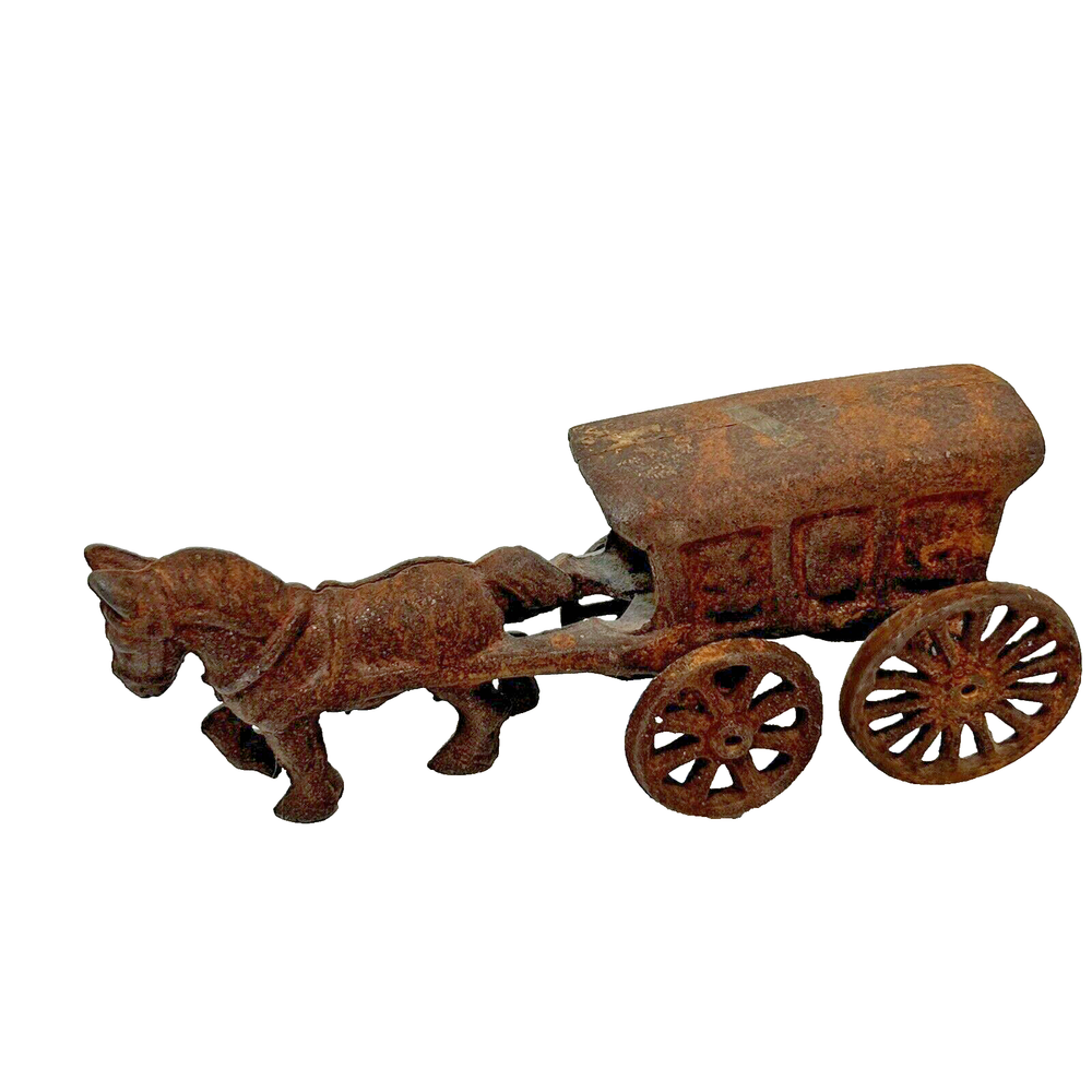 Vintage Cast Iron Metal Horse Drawn Ice Covered Wagon Antique Replica 7 x 3