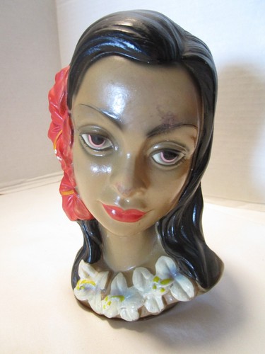 Busto Hula ragazza hawaiana vintage ceramica ibisco polinesiano 6,75"T anni 60 - Foto 9 di 10