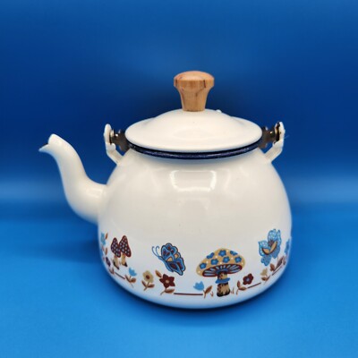 Vintage White Enamel Blue Mushrooms Butterflies Flowers Tea