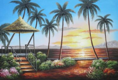 24x36 Hawaii Straw Patio Sunset Palm Tree Beach Reflection Oil Painting