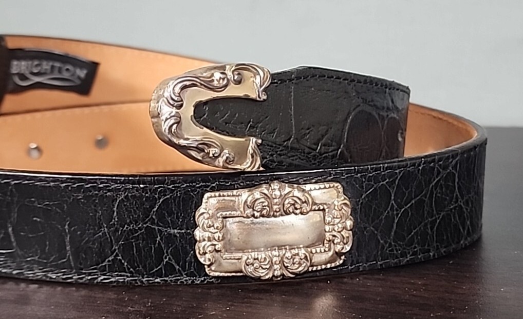 Vintage Brighton Black Leather Croc Belt Ornate 90s Silver  display picture 1
