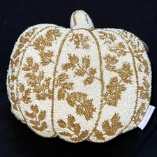 Autumn Hill Beaded Fall Pumpkin Throw Pillow Gold Leaves Thanksgiving Decor NEW